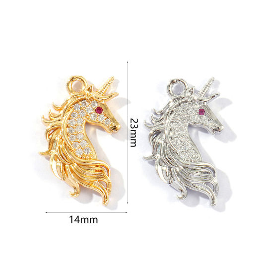 Image de 2 Pcs Breloques En Gros Respectueux de la Nature en Laiton Plaqué Or Véritable Cheval Micro Pave à Zircone Cubique Clair 23mm x 14mm