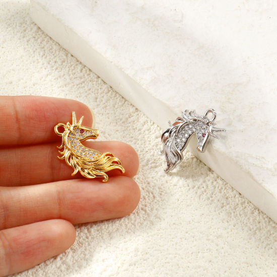 Image de 2 Pcs Breloques En Gros Respectueux de la Nature en Laiton Plaqué Or Véritable Cheval Micro Pave à Zircone Cubique Clair 23mm x 14mm