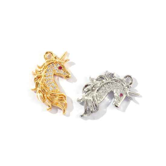 Image de 2 Pcs Breloques En Gros Respectueux de la Nature en Laiton Plaqué Or Véritable Cheval Micro Pave à Zircone Cubique Clair 23mm x 14mm