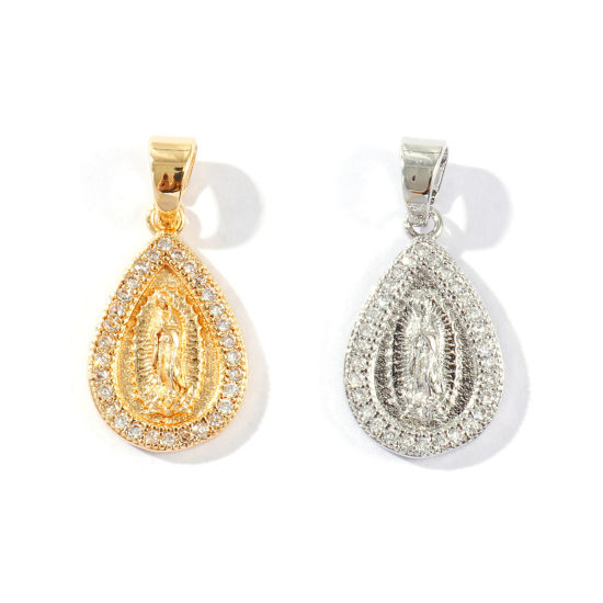 Picture of Eco-friendly Brass Religious Charm Pendant Wholesale Real Gold Plated Drop Virgin Mary Micro Pave Clear Cubic Zirconia 27mm x 13mm