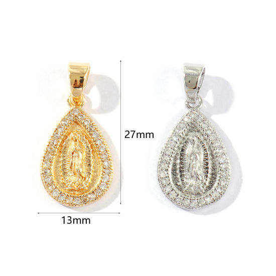 Picture of Eco-friendly Brass Religious Charm Pendant Wholesale Real Gold Plated Drop Virgin Mary Micro Pave Clear Cubic Zirconia 27mm x 13mm