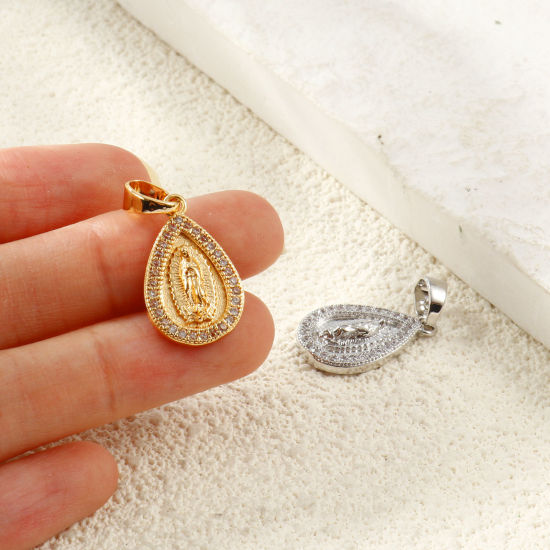 Picture of Eco-friendly Brass Religious Charm Pendant Wholesale Real Gold Plated Drop Virgin Mary Micro Pave Clear Cubic Zirconia 27mm x 13mm