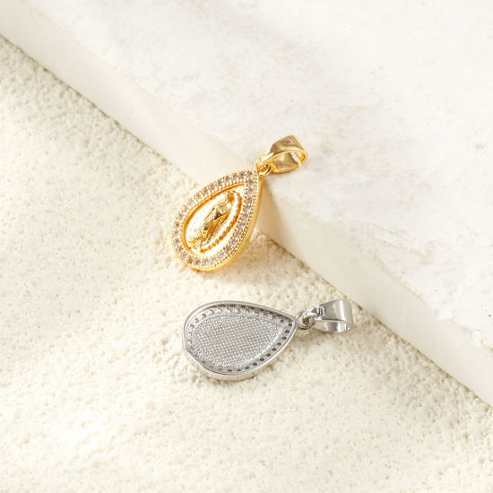 Picture of Eco-friendly Brass Religious Charm Pendant Wholesale Real Gold Plated Drop Virgin Mary Micro Pave Clear Cubic Zirconia 27mm x 13mm