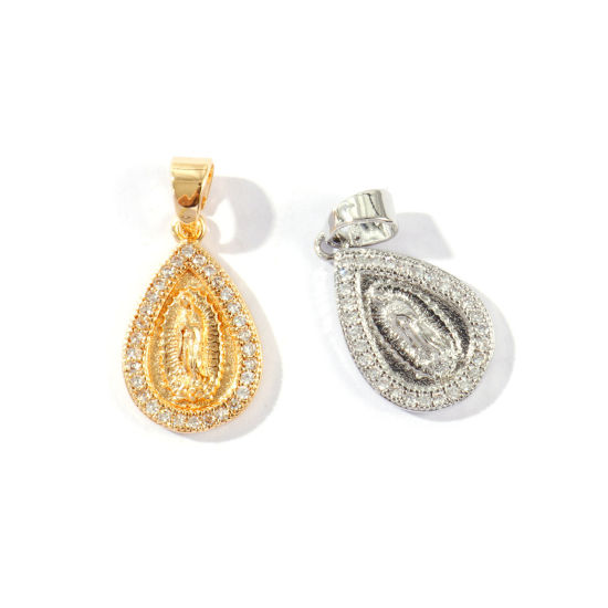 Picture of Eco-friendly Brass Religious Charm Pendant Wholesale Real Gold Plated Drop Virgin Mary Micro Pave Clear Cubic Zirconia 27mm x 13mm