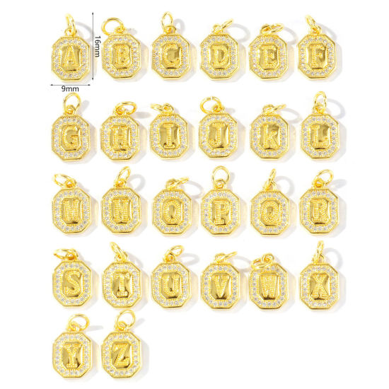2 個 エコフレンドリー 真鍮 チャーム 卸売り 18Kリアルゴールドメッキ 八辺形 キャピタルレター 文字「 A-Z 」 マイクロパヴェ クリア ジルコン 16mm x 9mm、 の画像
