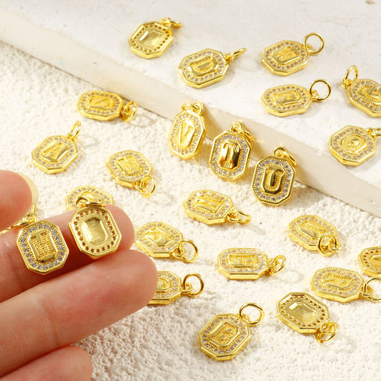2 個 エコフレンドリー 真鍮 チャーム 卸売り 18Kリアルゴールドメッキ 八辺形 キャピタルレター 文字「 A-Z 」 マイクロパヴェ クリア ジルコン 16mm x 9mm、 の画像