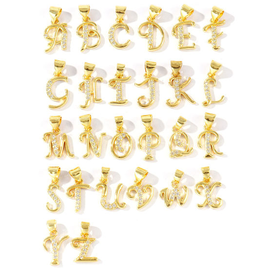 2 個 エコフレンドリー 真鍮 チャーム ペンダント 卸売り 18Kリアルゴールドメッキ キャピタルレター 文字「 A-Z 」 マイクロパヴェ クリア ジルコン の画像
