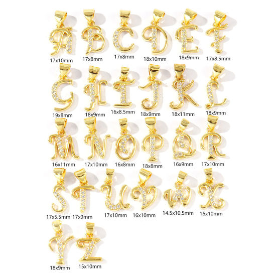 2 個 エコフレンドリー 真鍮 チャーム ペンダント 卸売り 18Kリアルゴールドメッキ キャピタルレター 文字「 A-Z 」 マイクロパヴェ クリア ジルコン の画像