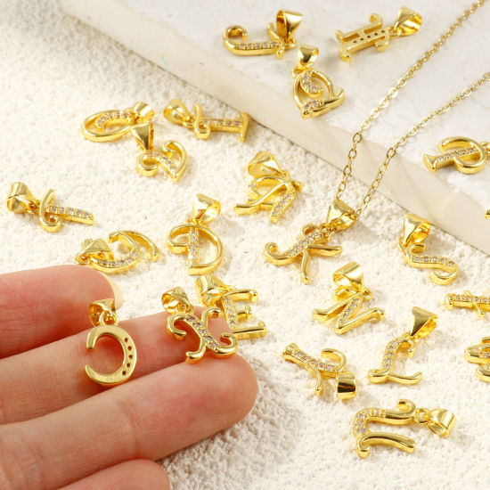 2 個 エコフレンドリー 真鍮 チャーム ペンダント 卸売り 18Kリアルゴールドメッキ キャピタルレター 文字「 A-Z 」 マイクロパヴェ クリア ジルコン の画像