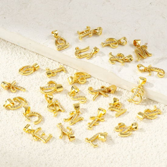 2 個 エコフレンドリー 真鍮 チャーム ペンダント 卸売り 18Kリアルゴールドメッキ キャピタルレター 文字「 A-Z 」 マイクロパヴェ クリア ジルコン の画像