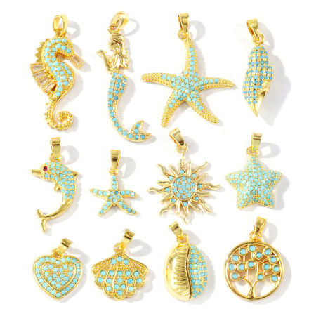 Bild von Messing Charm-Anhänger Großhandel 18K Vergoldet Micro Pave Blau Kubischer Zirkon
