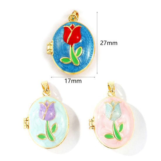 Picture of Brass Picture Photo Locket Frame Pendants Wholesale 18K Gold Plated Enamel Oval Tulip Flower Can Open 27mm x 17mm