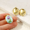 Picture of Brass Picture Photo Locket Frame Pendants Wholesale 18K Gold Plated Enamel Oval Tulip Flower Can Open 27mm x 17mm