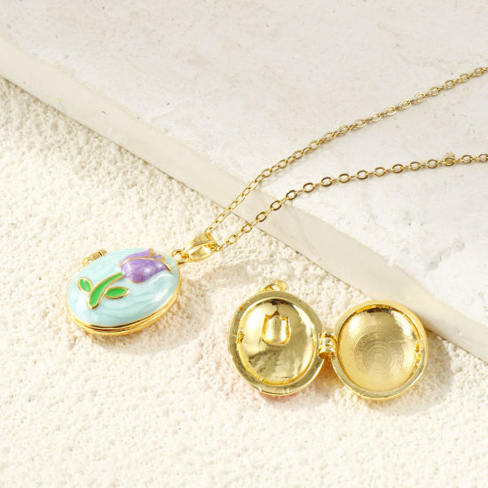 Picture of Brass Picture Photo Locket Frame Pendants Wholesale 18K Gold Plated Enamel Oval Tulip Flower Can Open 27mm x 17mm