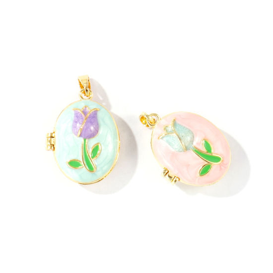 Picture of Brass Picture Photo Locket Frame Pendants Wholesale 18K Gold Plated Enamel Oval Tulip Flower Can Open 27mm x 17mm