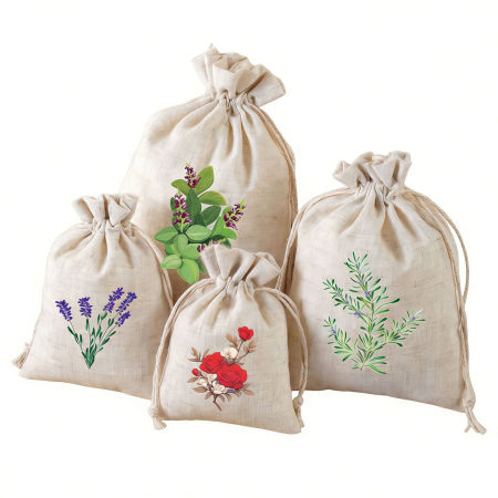 Cotton Drawstring Storage Bags White Rectangle Printed