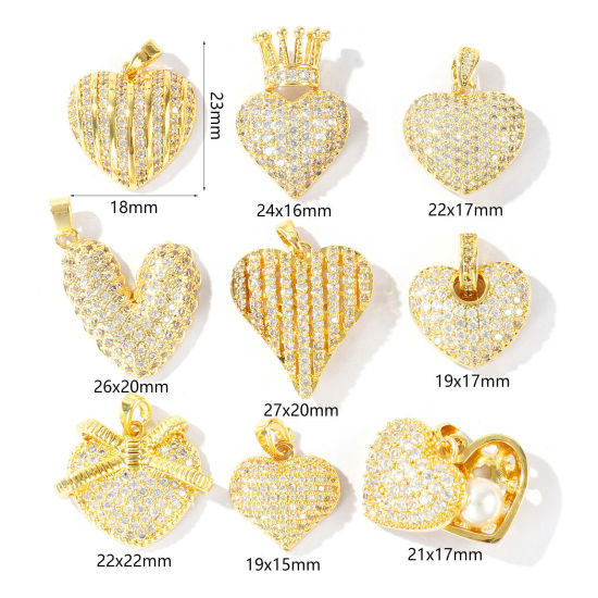 Immagine di 1 Pz Ottone San Valentino Ciondoli Pendenti All'Ingrosso Placcato Oro 18K Cuore Micro Spianare Trasparente Cubic Zirconiae