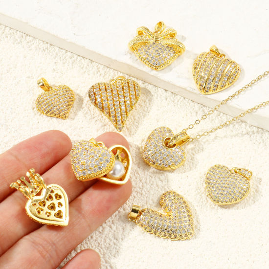 Immagine di 1 Pz Ottone San Valentino Ciondoli Pendenti All'Ingrosso Placcato Oro 18K Cuore Micro Spianare Trasparente Cubic Zirconiae