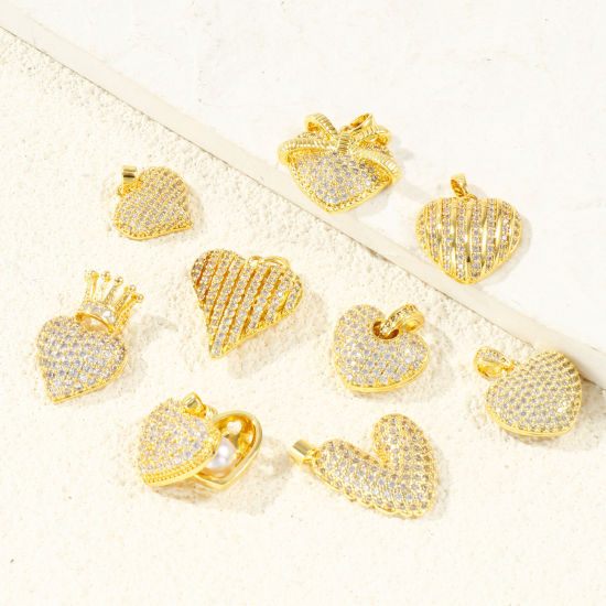 Immagine di 1 Pz Ottone San Valentino Ciondoli Pendenti All'Ingrosso Placcato Oro 18K Cuore Micro Spianare Trasparente Cubic Zirconiae
