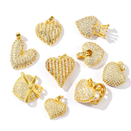 Immagine di 1 Pz Ottone San Valentino Ciondoli Pendenti All'Ingrosso Placcato Oro 18K Cuore Micro Spianare Trasparente Cubic Zirconiae