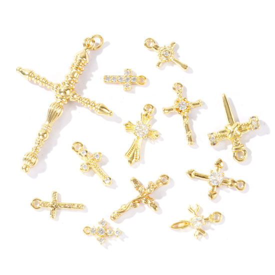 Immagine di 2 Pz Ottone Religione Ciondoli All'Ingrosso Placcato Oro 18K Croce