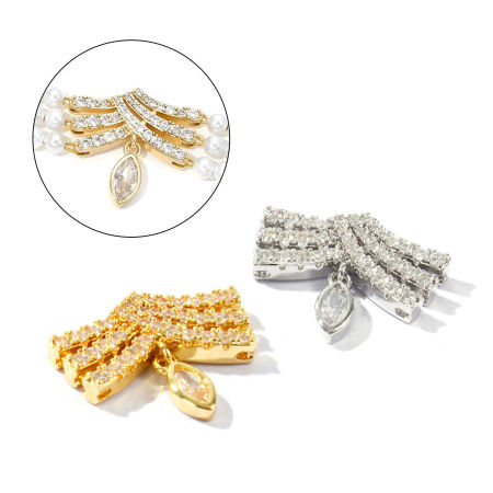 Picture of Eco-friendly Brass Micro Pave Connectors Charms Pendants Wholesale Multicolor Fan-shaped Clear Cubic Zirconia 21.5mm x 18mm