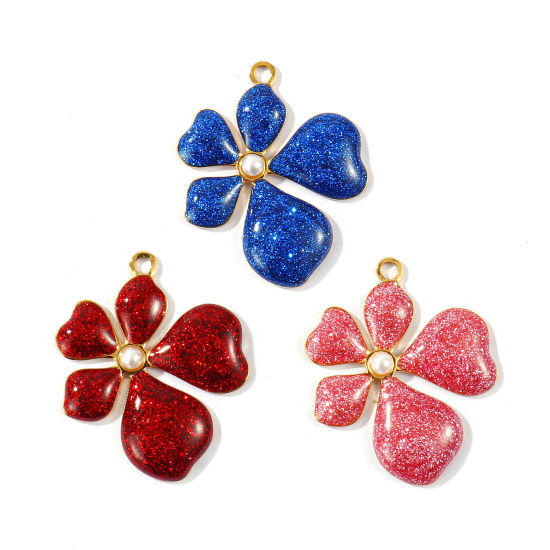 2 個 エコフレンドリー PVD 防水 耐変色性の 低アレルギー性の 304ステンレス鋼 ペンダント 卸売り 18Kリアルゴールドメッキ エナメル フラワー アクリル模造真珠 3cm x 2.5cm、 の画像