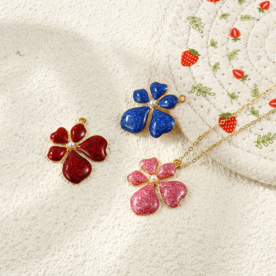 2 個 エコフレンドリー PVD 防水 耐変色性の 低アレルギー性の 304ステンレス鋼 ペンダント 卸売り 18Kリアルゴールドメッキ エナメル フラワー アクリル模造真珠 3cm x 2.5cm、 の画像