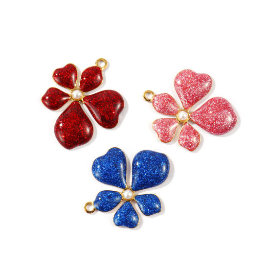 2 個 エコフレンドリー PVD 防水 耐変色性の 低アレルギー性の 304ステンレス鋼 ペンダント 卸売り 18Kリアルゴールドメッキ エナメル フラワー アクリル模造真珠 3cm x 2.5cm、 の画像