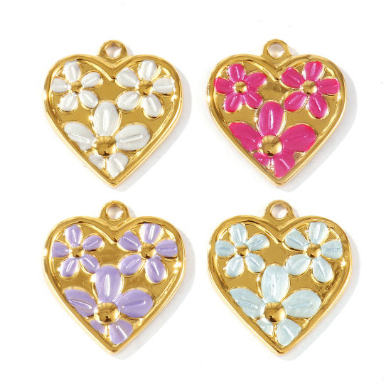 2 個 エコフレンドリー PVD 防水 耐変色性の 低アレルギー性の 304ステンレス鋼 バレンタイン・デー チャーム 卸売り 18Kリアルゴールドメッキ ハート 花 ペインティング 28mm x 26mm、 の画像