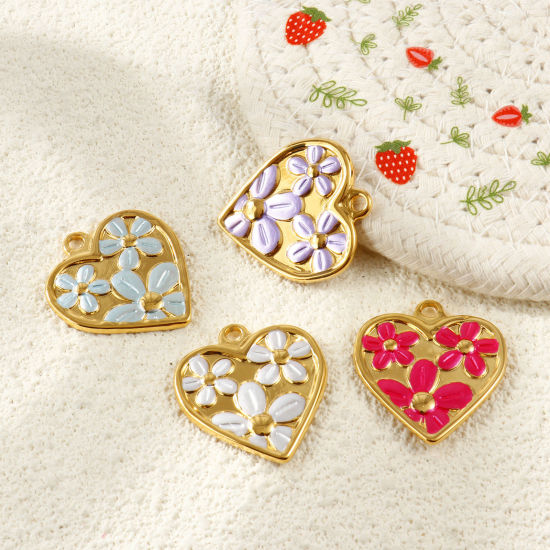 2 個 エコフレンドリー PVD 防水 耐変色性の 低アレルギー性の 304ステンレス鋼 バレンタイン・デー チャーム 卸売り 18Kリアルゴールドメッキ ハート 花 ペインティング 28mm x 26mm、 の画像