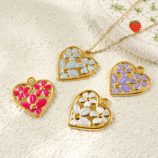 2 個 エコフレンドリー PVD 防水 耐変色性の 低アレルギー性の 304ステンレス鋼 バレンタイン・デー チャーム 卸売り 18Kリアルゴールドメッキ ハート 花 ペインティング 28mm x 26mm、 の画像