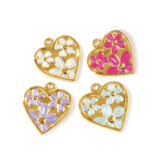 2 個 エコフレンドリー PVD 防水 耐変色性の 低アレルギー性の 304ステンレス鋼 バレンタイン・デー チャーム 卸売り 18Kリアルゴールドメッキ ハート 花 ペインティング 28mm x 26mm、 の画像