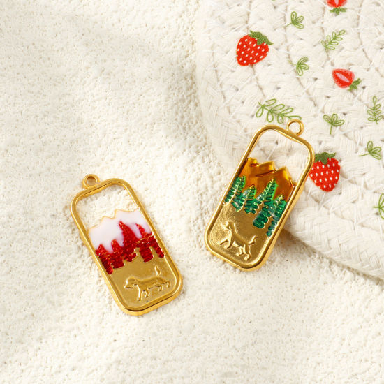 2 個 エコフレンドリー PVD 防水 耐変色性の 低アレルギー性の 304ステンレス鋼 旅行 ペンダント 卸売り 18Kリアルゴールドメッキ エナメル 長方形 山 3.6cm x 1.6cm、 の画像