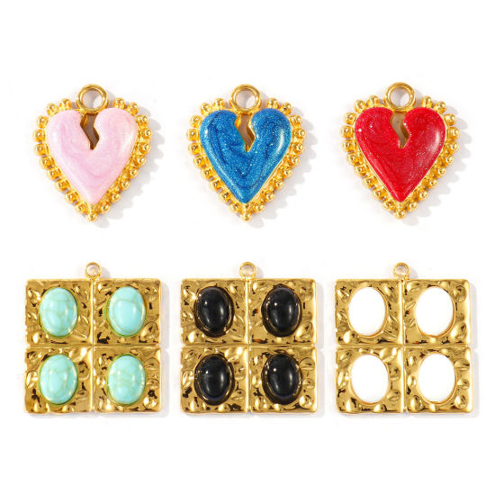 2 個 エコフレンドリー PVD 防水 耐変色性の 低アレルギー性の 304ステンレス鋼 チャーム 卸売り 18Kリアルゴールドメッキ ハート 正方形 の画像