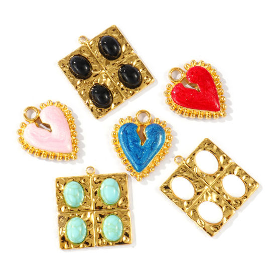 2 個 エコフレンドリー PVD 防水 耐変色性の 低アレルギー性の 304ステンレス鋼 チャーム 卸売り 18Kリアルゴールドメッキ ハート 正方形 の画像