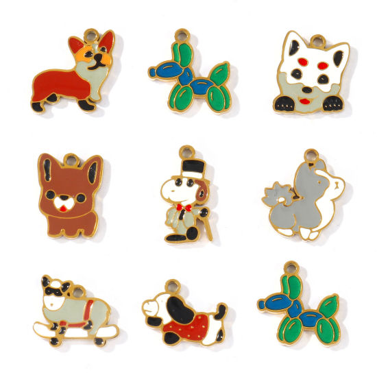 Picture of PVD 304 Stainless Steel Charms Wholesale 18K Gold Plated Multicolor Dog Animal Enamel