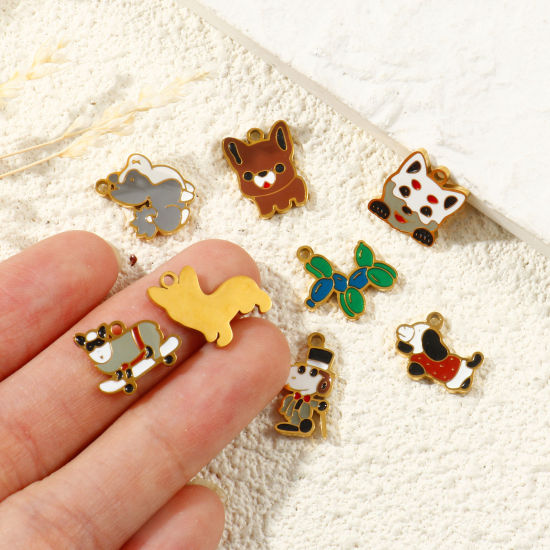 Picture of PVD 304 Stainless Steel Charms Wholesale 18K Gold Plated Multicolor Dog Animal Enamel