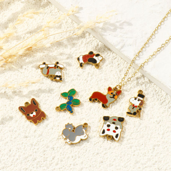 Picture of PVD 304 Stainless Steel Charms Wholesale 18K Gold Plated Multicolor Dog Animal Enamel