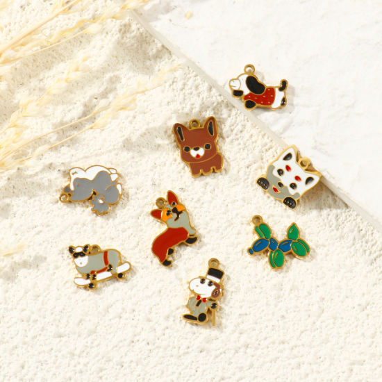 Picture of PVD 304 Stainless Steel Charms Wholesale 18K Gold Plated Multicolor Dog Animal Enamel