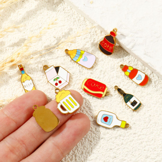Picture of PVD 304 Stainless Steel Charms Wholesale 18K Gold Plated Multicolor Wine Bottle Enamel