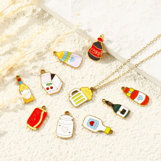 Picture of PVD 304 Stainless Steel Charms Wholesale 18K Gold Plated Multicolor Wine Bottle Enamel