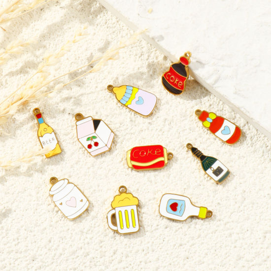 Picture of PVD 304 Stainless Steel Charms Wholesale 18K Gold Plated Multicolor Wine Bottle Enamel