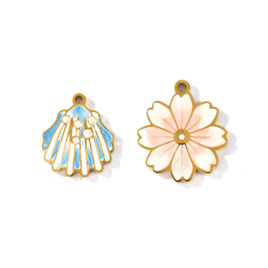 Picture of PVD 304 Stainless Steel Charms Wholesale 18K Gold Plated Multicolor Shell Flower Enamel