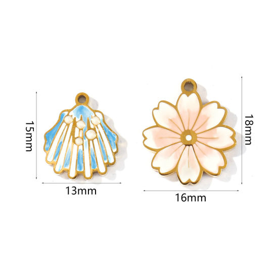 Picture of PVD 304 Stainless Steel Charms Wholesale 18K Gold Plated Multicolor Shell Flower Enamel