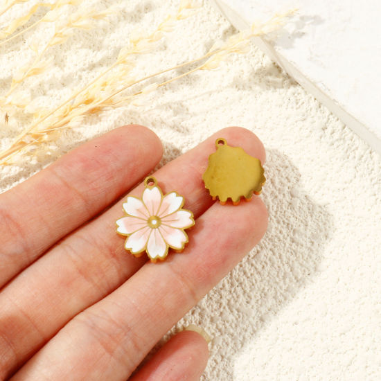 Picture of PVD 304 Stainless Steel Charms Wholesale 18K Gold Plated Multicolor Shell Flower Enamel