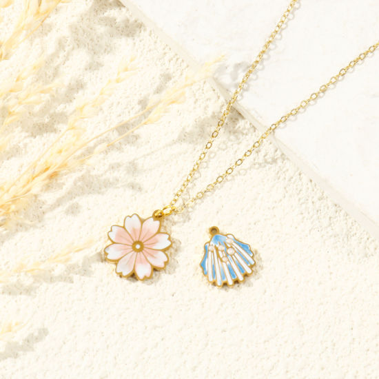 Picture of PVD 304 Stainless Steel Charms Wholesale 18K Gold Plated Multicolor Shell Flower Enamel