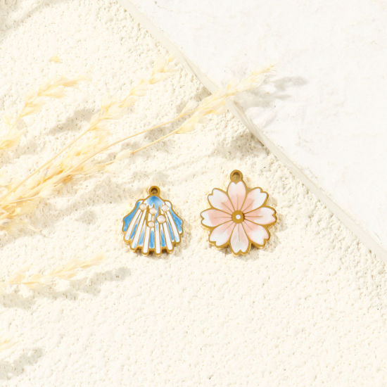 Picture of PVD 304 Stainless Steel Charms Wholesale 18K Gold Plated Multicolor Shell Flower Enamel