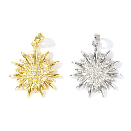 Immagine di 2 Pz Ottone Ciondoli Pendenti All'Ingrosso Multicolore Girasole Micro Spianare Trasparente Cubic Zirconiae 28mm x 22mm