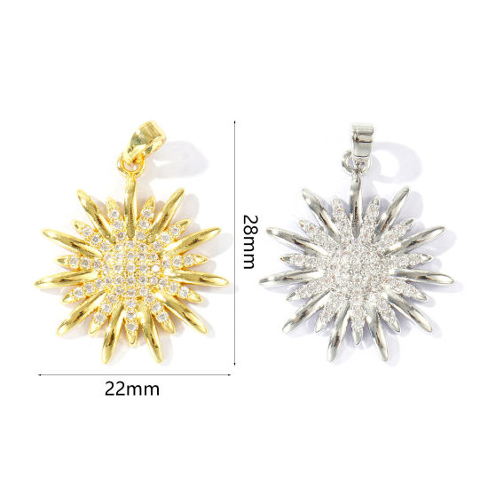 Immagine di 2 Pz Ottone Ciondoli Pendenti All'Ingrosso Multicolore Girasole Micro Spianare Trasparente Cubic Zirconiae 28mm x 22mm